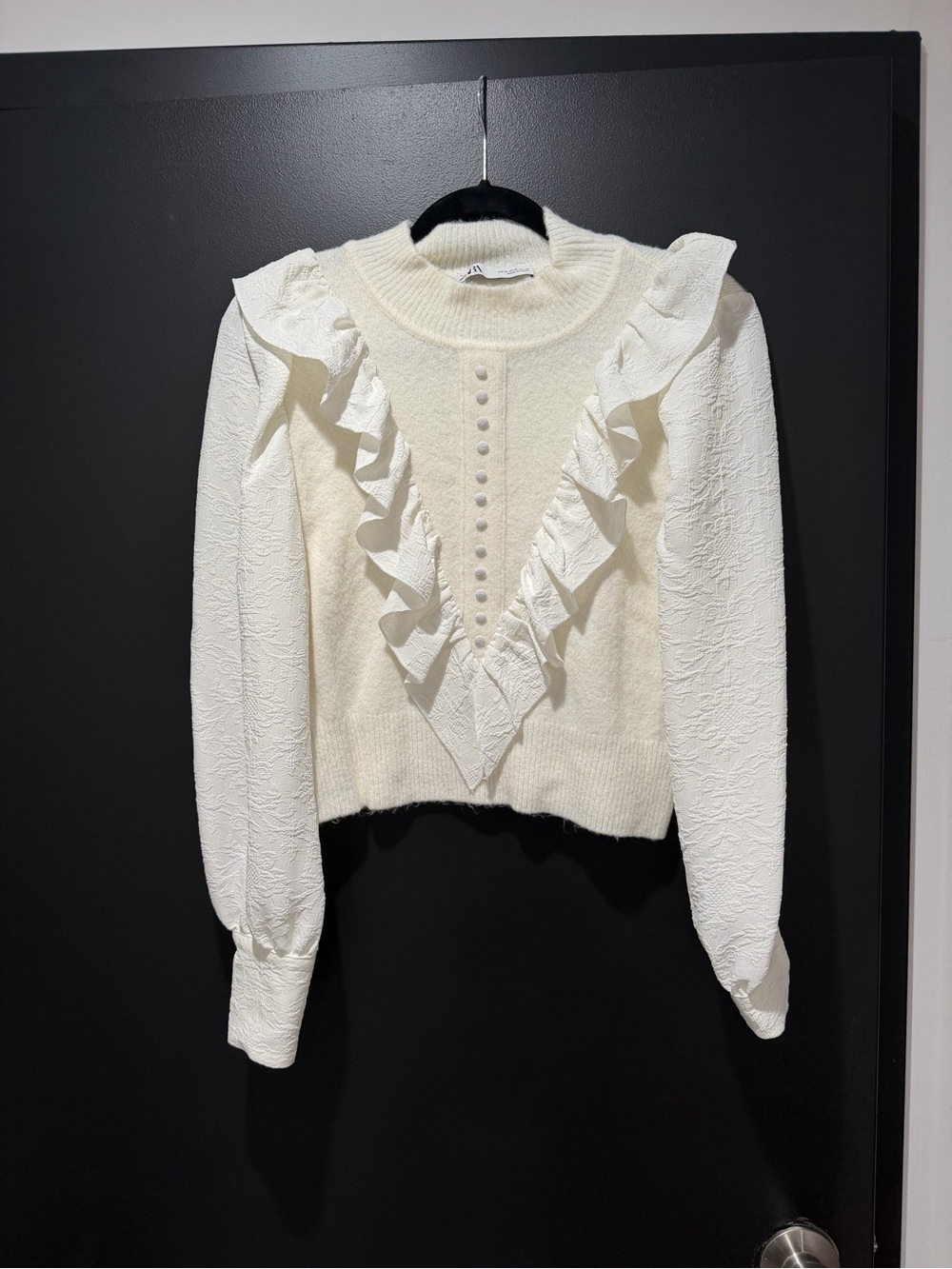 Zara Cream Ruffle-Front Long Sleeve Sweater